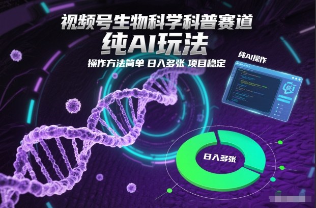 视频号生物科学科普赛道，纯AI玩法，操作方法简单，日入多张，项目稳定-乐码云集