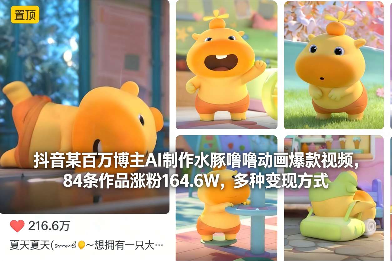 抖音某百万博主AI制作水豚噜噜动画爆款视频，84条作品涨粉164.6W，多种变现方式-乐码云集