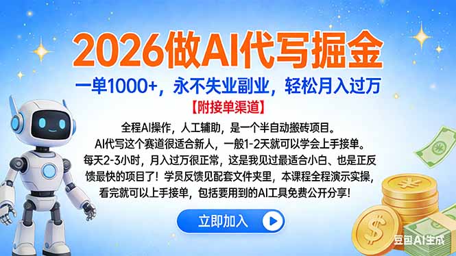 2026做AI代写掘金，一单1000+，永不失业副业，轻松月入过万-乐码云集