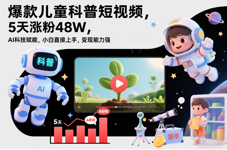 爆款儿童科普短视频，5天涨粉48W，AI科技赋能，小白直接上手，变现能力强，橱窗带货爆单不停-乐码云集