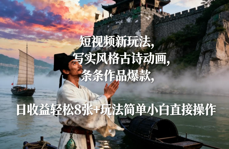 短视频新玩法，写实风格古诗动画，条条作品爆款，日收益轻松8张+玩法简单小白直接操作-乐码云集