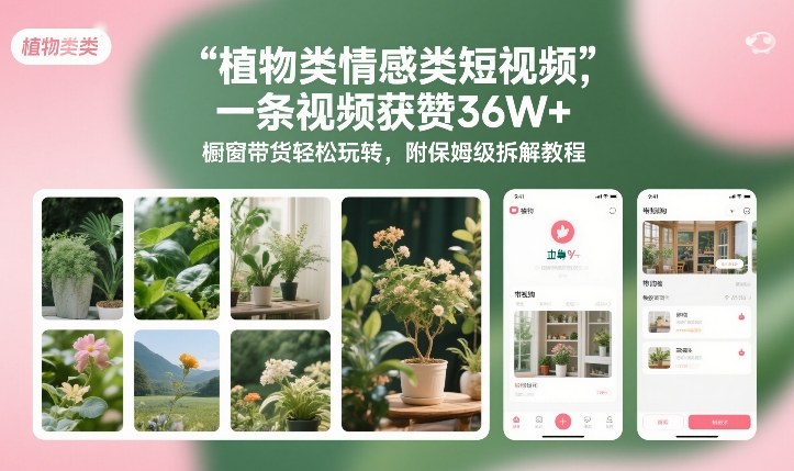 植物类情感类短视频，一条视频获赞36W+，橱窗带货轻松玩转，附保姆级拆解教程-乐码云集