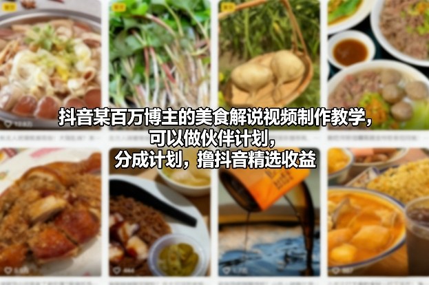 抖音某百万博主的美食解说视频制作教学，可以做伙伴计划，分成计划，撸抖音精选收益(更新)-乐码云集