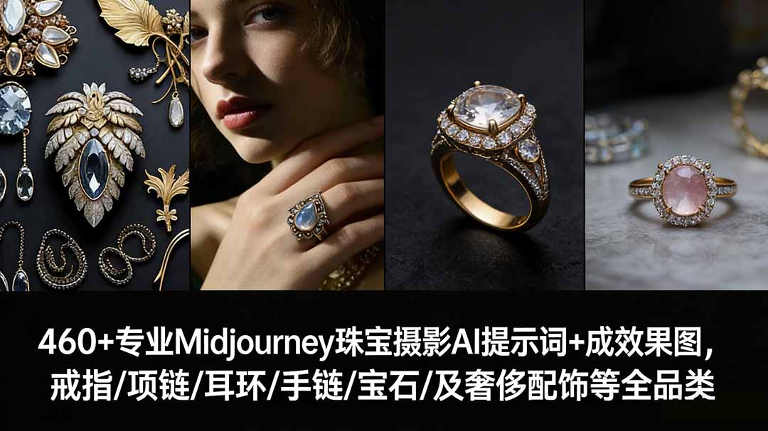 460+专业Midjourney珠宝摄影AI提示词+成效果图，戒指/项链/耳环/手链/宝石/及奢侈配饰等全品类-乐码云集