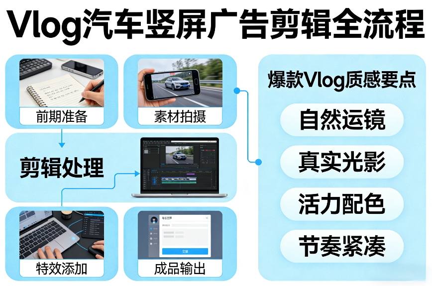 Vlog感觉汽车竖屏广告剪辑脚本全流程，拿捏爆款Vlog质感-乐码云集