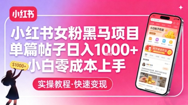 小红书女粉黑马项目，单篇帖子日入1k+，小白零成本上手-乐码云集