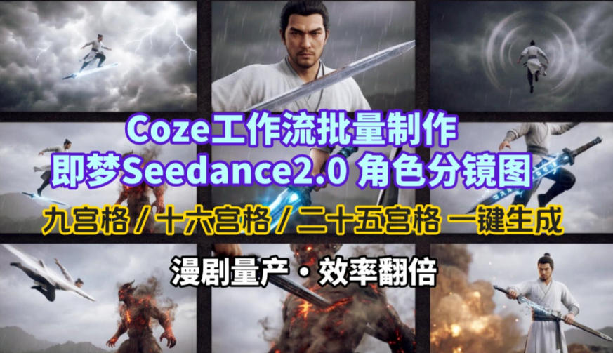 Coze工作流批量制作即梦Seedance2.0角色分镜图，九宫格-十六宫格-二十五宫格一键生成，漫剧量产，效率翻倍-乐码云集