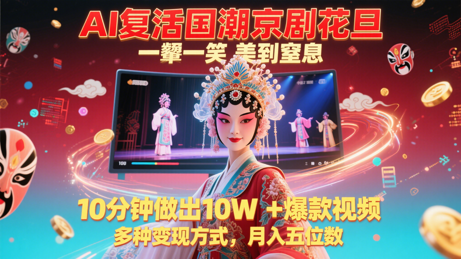 AI复活国潮京剧花旦，一颦一笑美到窒息，10分钟做出10W+爆款视频，多种变现方式-乐码云集