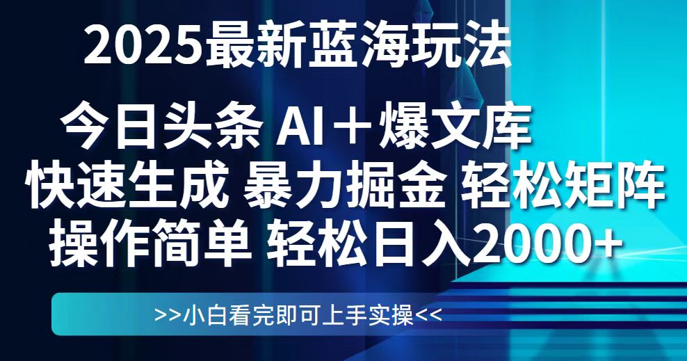 今日头条2025最新蓝海玩法，思路简单，复制粘贴，轻松实现矩阵日入2000+-乐码云集