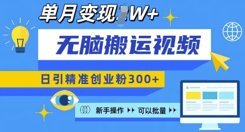 无脑搬运视频号可批量复制，新手即可操作，日引精准创业粉300+，月变现过W 【揭秘】-乐码云集