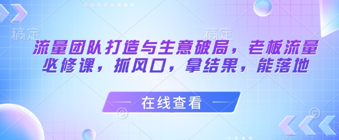 流量团队打造与生意破局，老板流量必修课，抓风口，拿结果，能落地-乐码云集