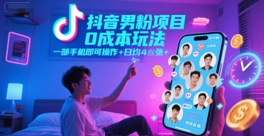 抖音男粉项目0成本玩法，一部手机即可操作，日均4张+，时间自由-乐码云集