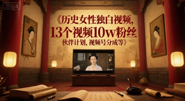 历史女性独白视频，13个视频10w粉丝，伙伴计划，视频号分成等-乐码云集