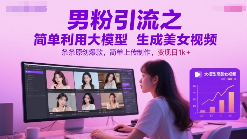男粉引流之简单利用大模型生成美女视频，条条原创爆款，简单上传制作，变现日1k+-乐码云集