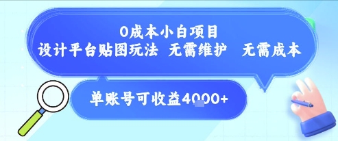 0成本小白项目，设计平台贴图玩法，无需维护，无需成本，单账号单月可产生收益4k+-乐码云集