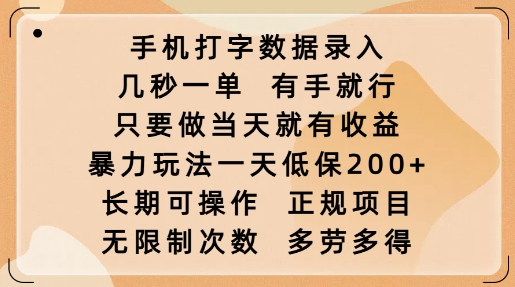 手机打字数据录入，几秒一单，有手就行，只要做当天就有收益，暴力玩法一天低保2张-乐码云集