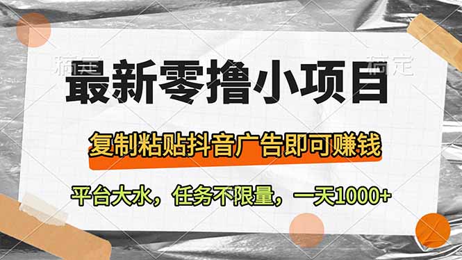 最新零撸小项目，复制粘贴抖音广告即可赚钱，平台大水，任务不限量，一…-乐码云集