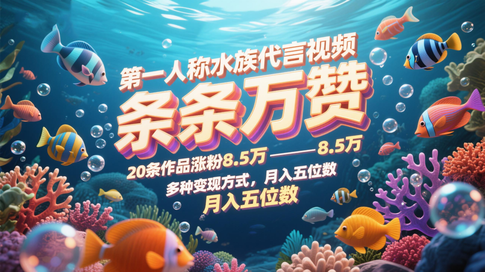 第一人称水族代言视频，条条万赞，20条作品涨粉8.5万，多种变现方式月，入五位数-乐码云集