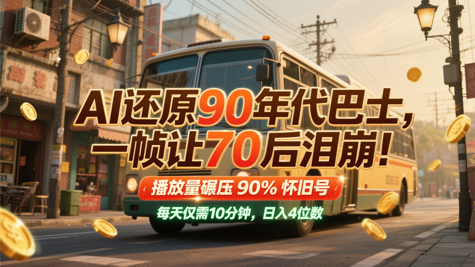 AI还原90年代巴士,一帧让70后泪崩!播放量碾压90%怀旧号,每天10分钟,日入4位数-乐码云集