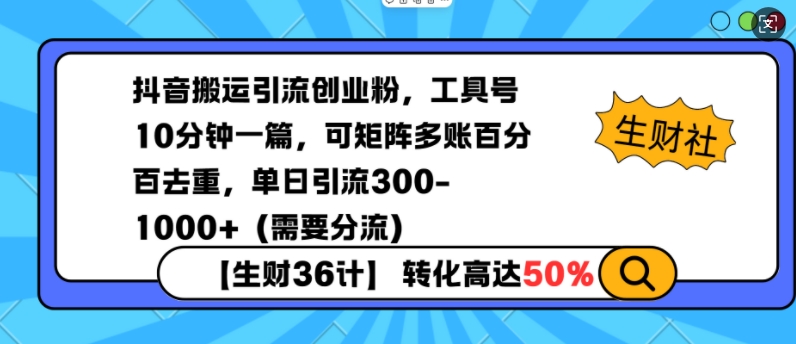 抖音搬运引流创业粉，工具号10分钟一篇，可矩阵多账百分百去重，单日引流300+(需要分流)-乐码云集