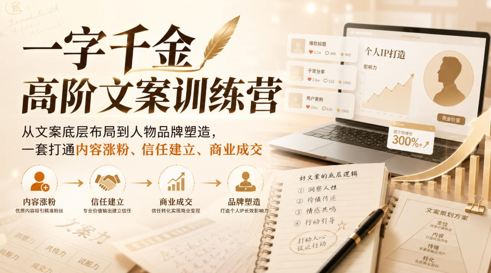 一字千金高阶文案训练营，从文案底层布局到人物品牌塑造，一套打通内容涨粉、信任建立、商业成交-乐码云集