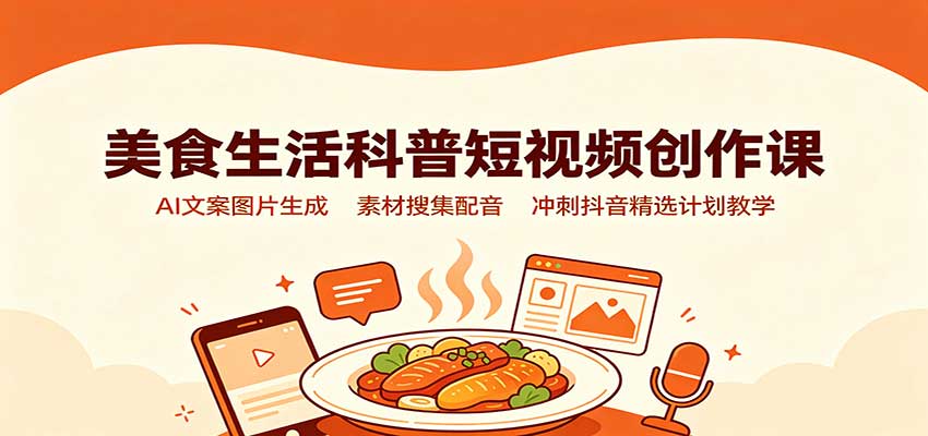 美食生活科普短视频创作课：AI文案图片生成，素材搜集配音，冲刺抖音精选计划教学-乐码云集