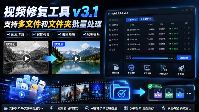视频修复工具v3.1，支持多文件和文件夹批量处理-乐码云集