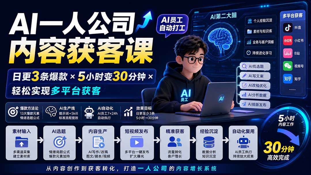 AI一人公司内容获客课-更新8月：日更3条爆款×5小时变30分钟×AI员工自动打工，轻松实现多平台获客-乐码云集