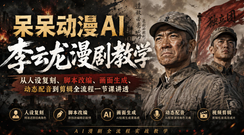 呆呆动漫AI李云龙漫剧教学，从人设复刻、脚本改编、画面生成、动态配音到剪辑全流程一节课讲透-乐码云集
