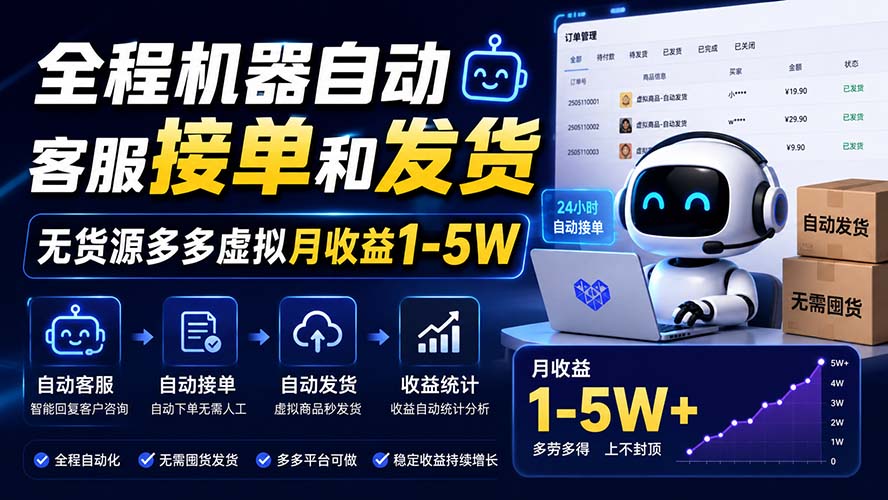 全程机器自动客服接单和发货，无货源多多虚拟月收益1-5W-乐码云集