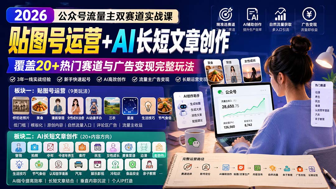 公众号流量主双赛道实战课：贴图号运营+AI长短文章创作，覆盖20+热门赛道与广告变现完整玩法-乐码云集