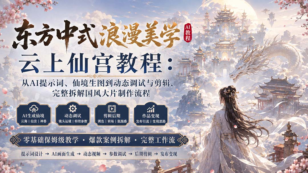东方中式浪漫美学云上仙宫教程：从AI提示词、仙境生图到动态调试与剪辑，完整拆解国风大片制作流程-乐码云集