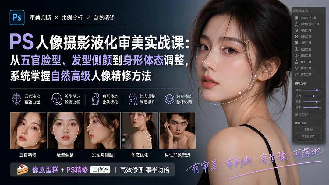 PS人像摄影液化审美实战课：从五官脸型、发型侧颜到身形体态调整，系统掌握自然高级人像精修方法-乐码云集