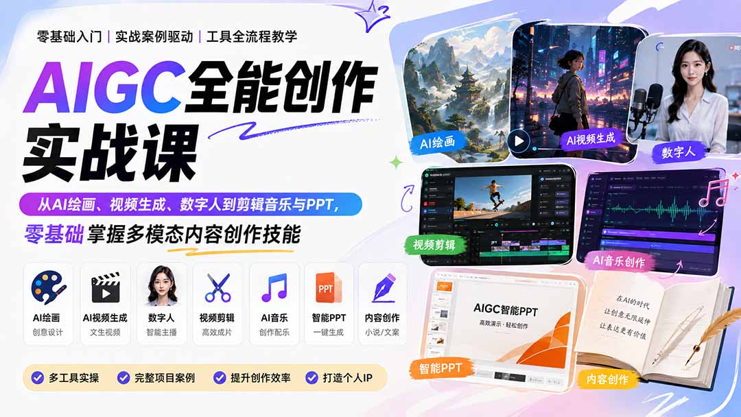 AIGC全能创作实战课：从AI绘画、视频生成、数字人到剪辑音乐与PPT，零基础掌握多模态内容创作技能-乐码云集