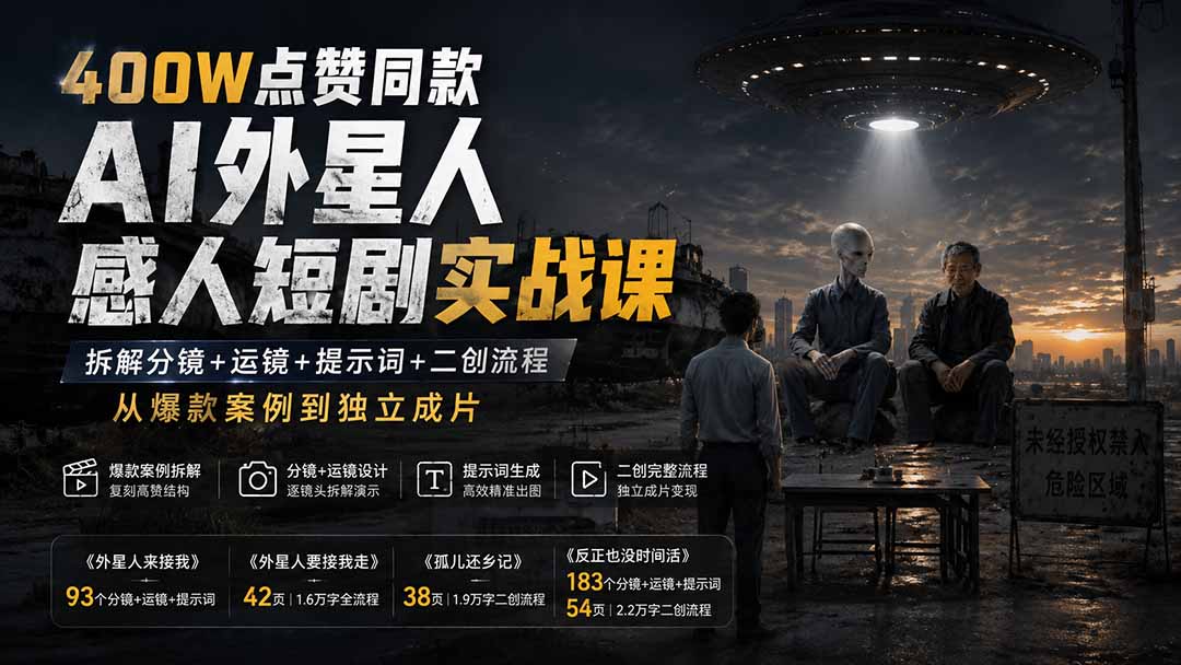 400W点赞同款AI外星人感人短剧实战课：拆解分镜+运镜+提示词+二创流程，从爆款案例到独立成片-乐码云集
