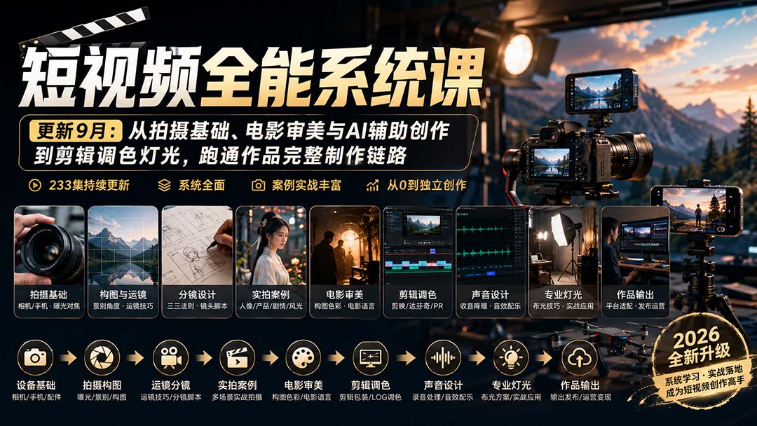 短视频全能系统课-更新8月233集：从拍摄基础、电影审美与AI辅助创作到剪辑调色灯光，跑通作品完整制作链路-乐码云集