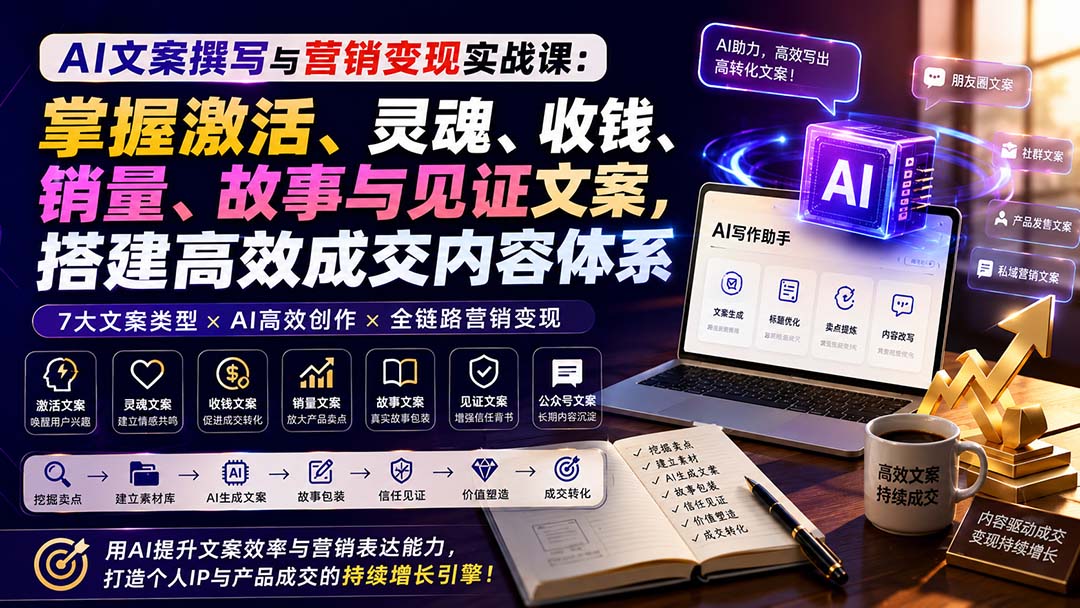 AI文案撰写与营销变现实战课：掌握激活、灵魂、收钱、销量、故事与见证文案，搭建高效成交内容体系-乐码云集