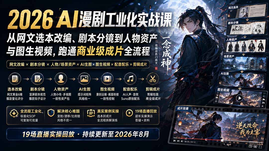 2026 AI漫剧工业化实战课-更新:从网文选本改编、剧本分镜到人物资产与图生视频,跑通商业级成片全流程-乐码云集