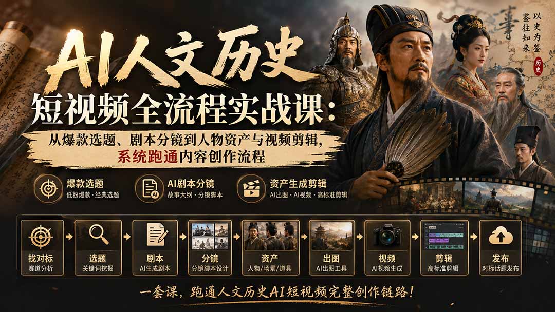 AI人文历史短视频全流程实战课:从爆款选题、剧本分镜到人物资产与视频剪辑,系统跑通内容创作流程-乐码云集