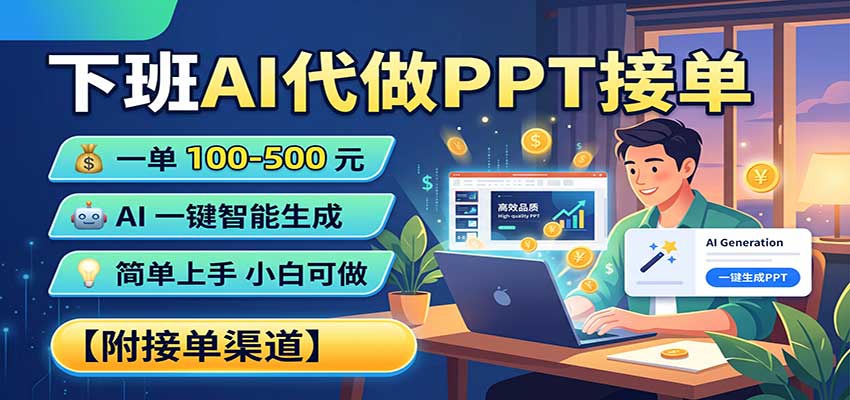 下班AI代做PPT接单，一单100-500，AI一键生成，小白也能做，附接单渠道-乐码云集