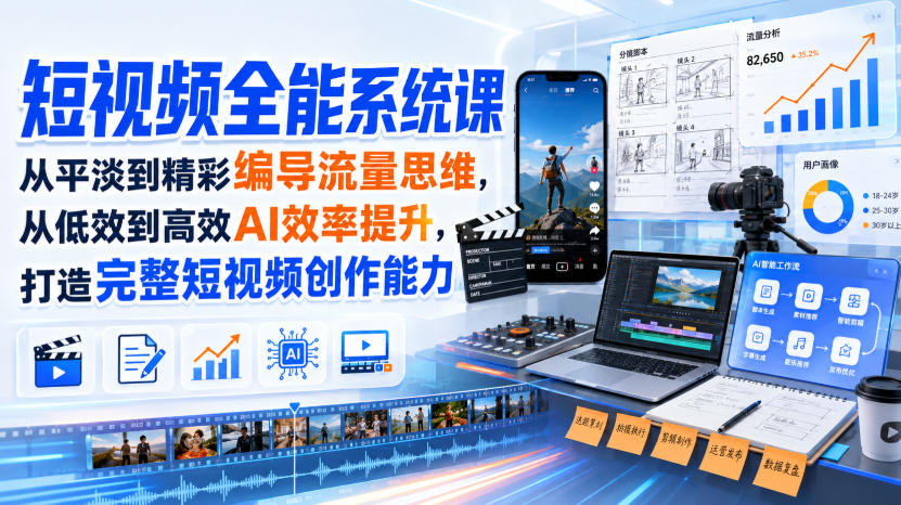 短视频全能系统课，从平淡到精彩编导流量思维，从低效到高效AI效率提升，打造完整短视频创作能力(2026年8月30更新233集)-乐码云集