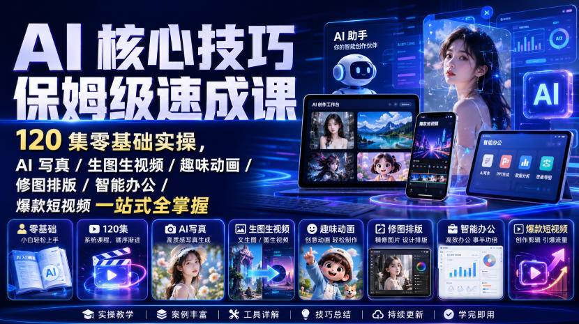 AI核心技巧保姆级速成课｜120集零基础实操，AI写真/生图生视频/趣味动画/修图排版/智能办公/爆款短视频一站式全掌握(更新)-乐码云集