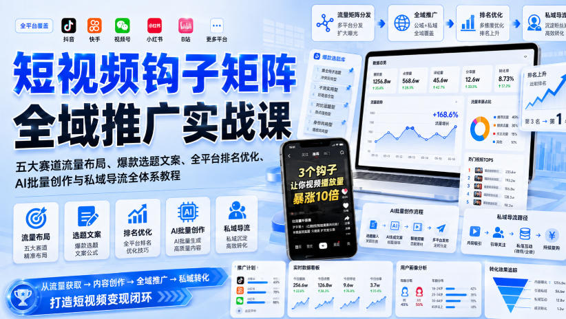 短视频钩子矩阵全域推广实战课｜五大赛道流量布局、爆款选题文案、全平台排名优化、AI批量创作与私域导流全体系教程-乐码云集