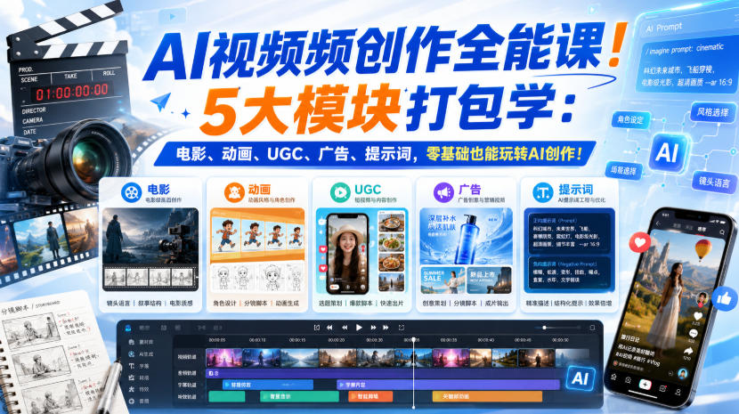 AI视频频创作全能课！5大模块打包学：电影、动画、UGC、广告、提示词，零基础也能玩转AI创作！【原创双语字幕】-乐码云集