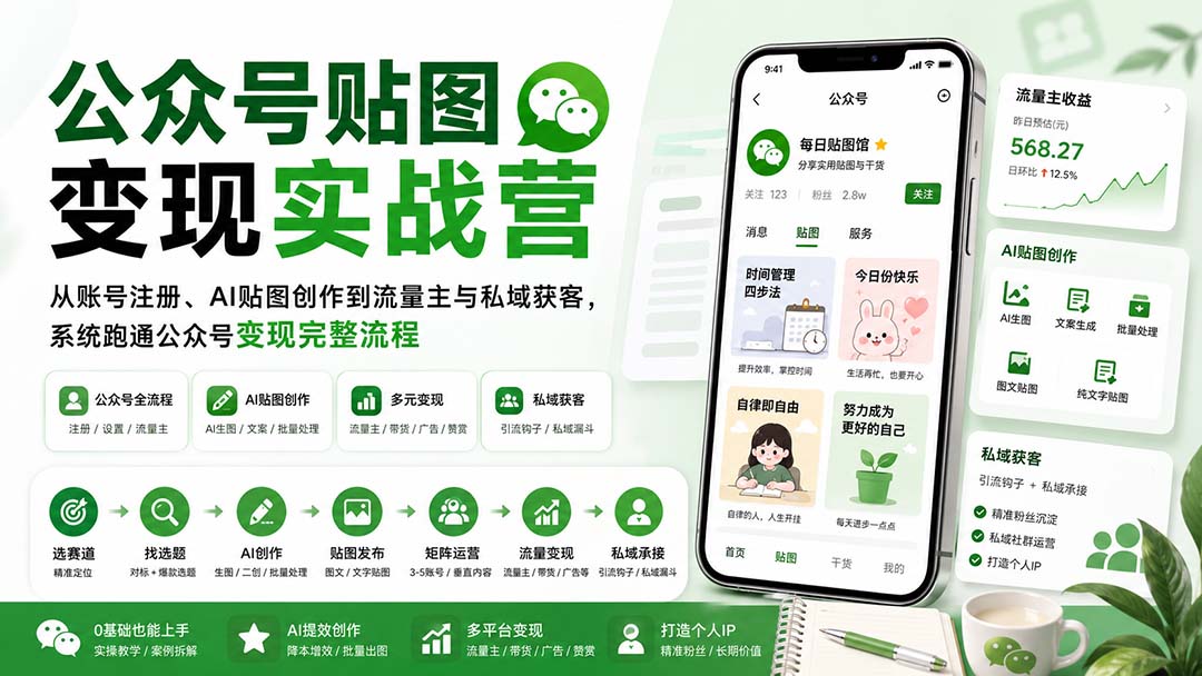 公众号贴图变现实战营：从账号注册、AI贴图创作到流量主与私域获客，系统跑通公众号变现完整流程-乐码云集