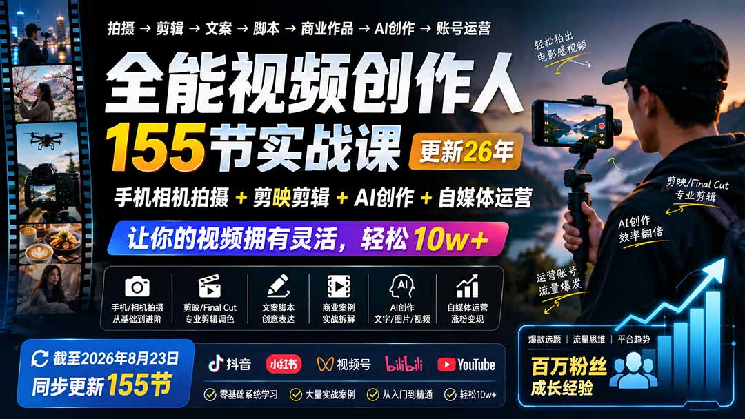 全能视频创作人155节实战课-更新26年8月：手机相机拍摄+剪映剪辑+AI创作+自媒体运营，让你的视频拥有灵活，轻松10w-乐码云集