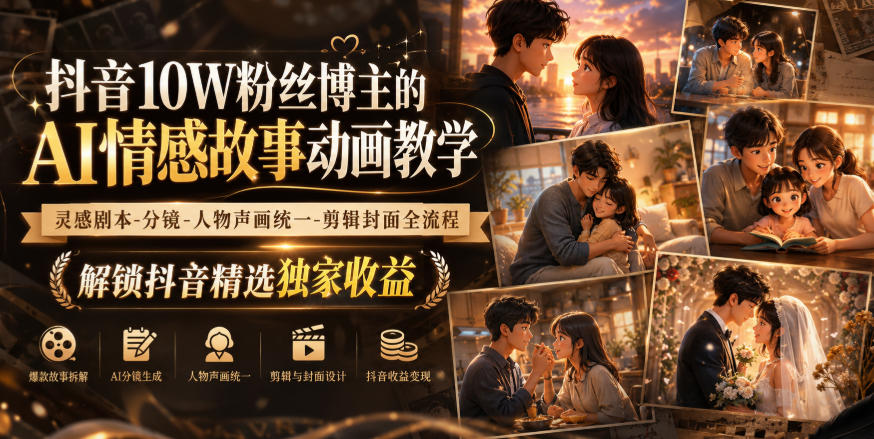 抖音10W粉丝博主的AI情感故事动画教学，灵感剧本‑分镜‑人物声画统一‑剪辑封面全流程，解锁抖音精选独家收益-乐码云集