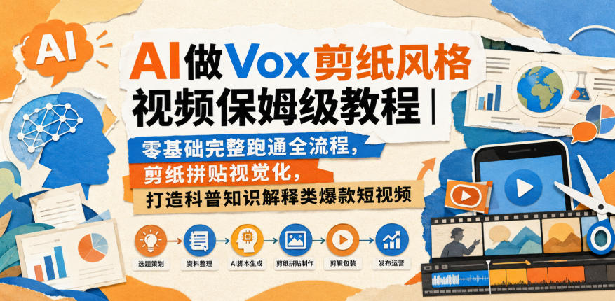 AI做Vox剪纸风格视频保姆级教程｜零基础完整跑通全流程，剪纸拼贴视觉化，打造科普知识解释类爆款短视频-乐码云集