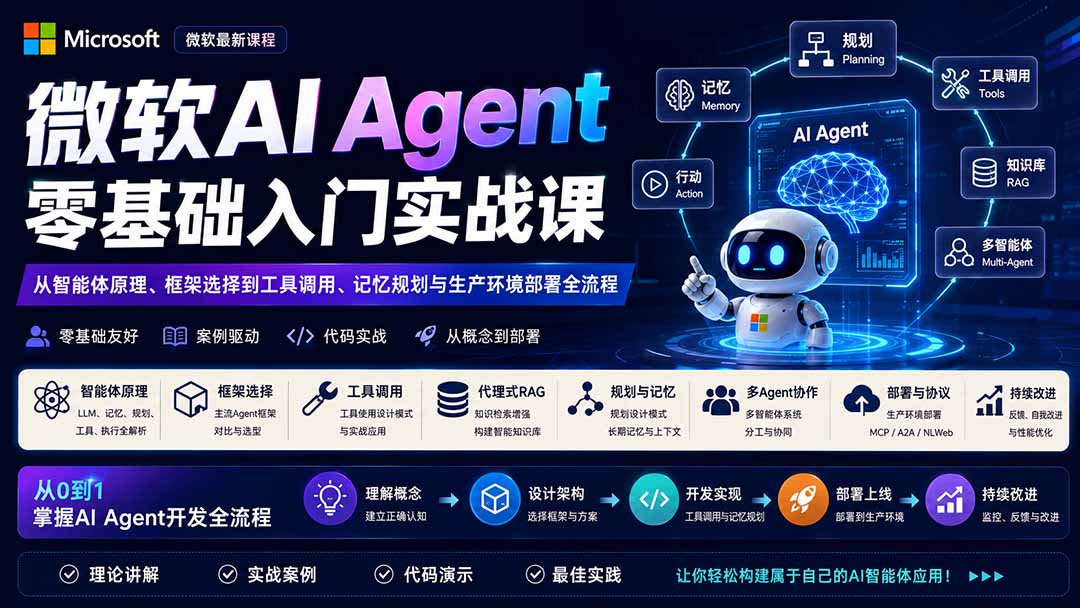 微软AI Agent零基础入门实战课：从智能体原理、框架选择到工具调用、记忆规划与生产环境部署全流程-乐码云集