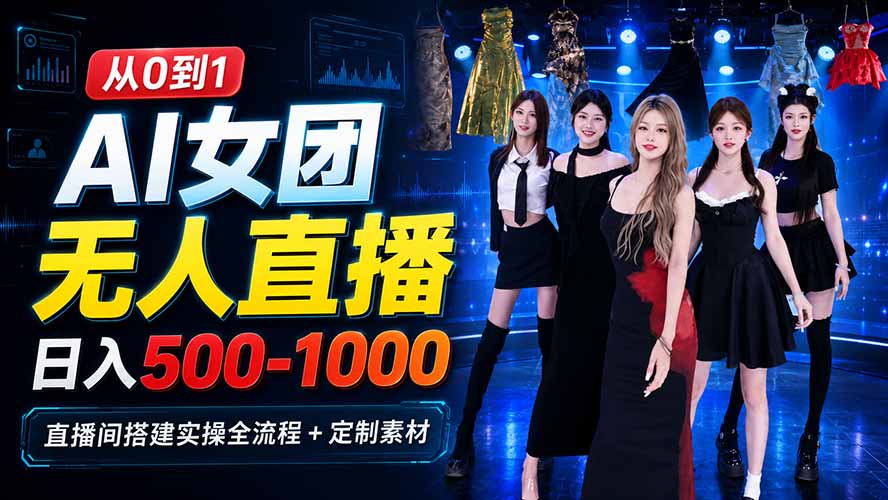 AI 女团无人直播，躺入500-1000每天，直播间搭建实操全流程+定制素材-乐码云集